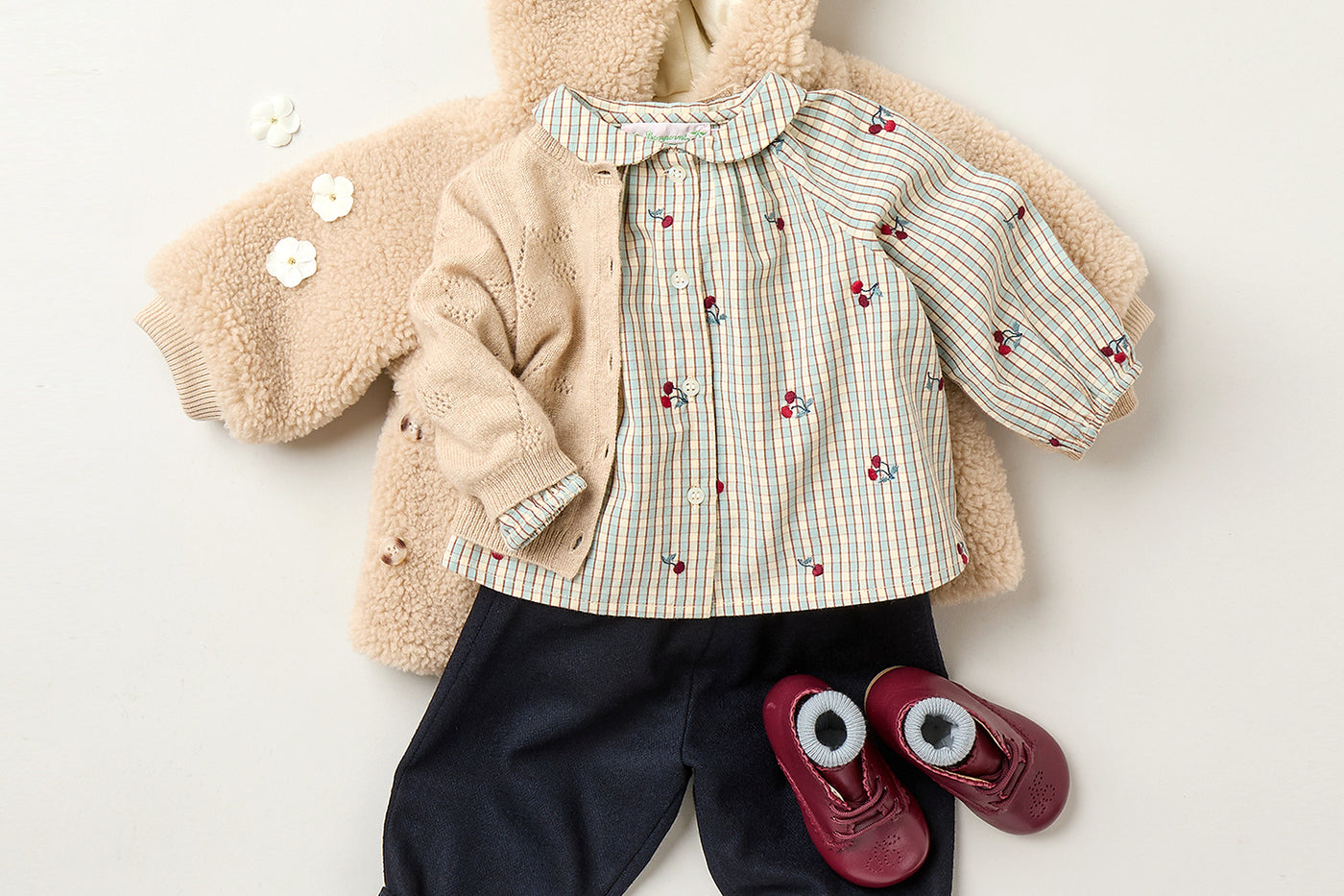 Winter 2025 Baby girl's look - Cherry domino blouse in organic cotton