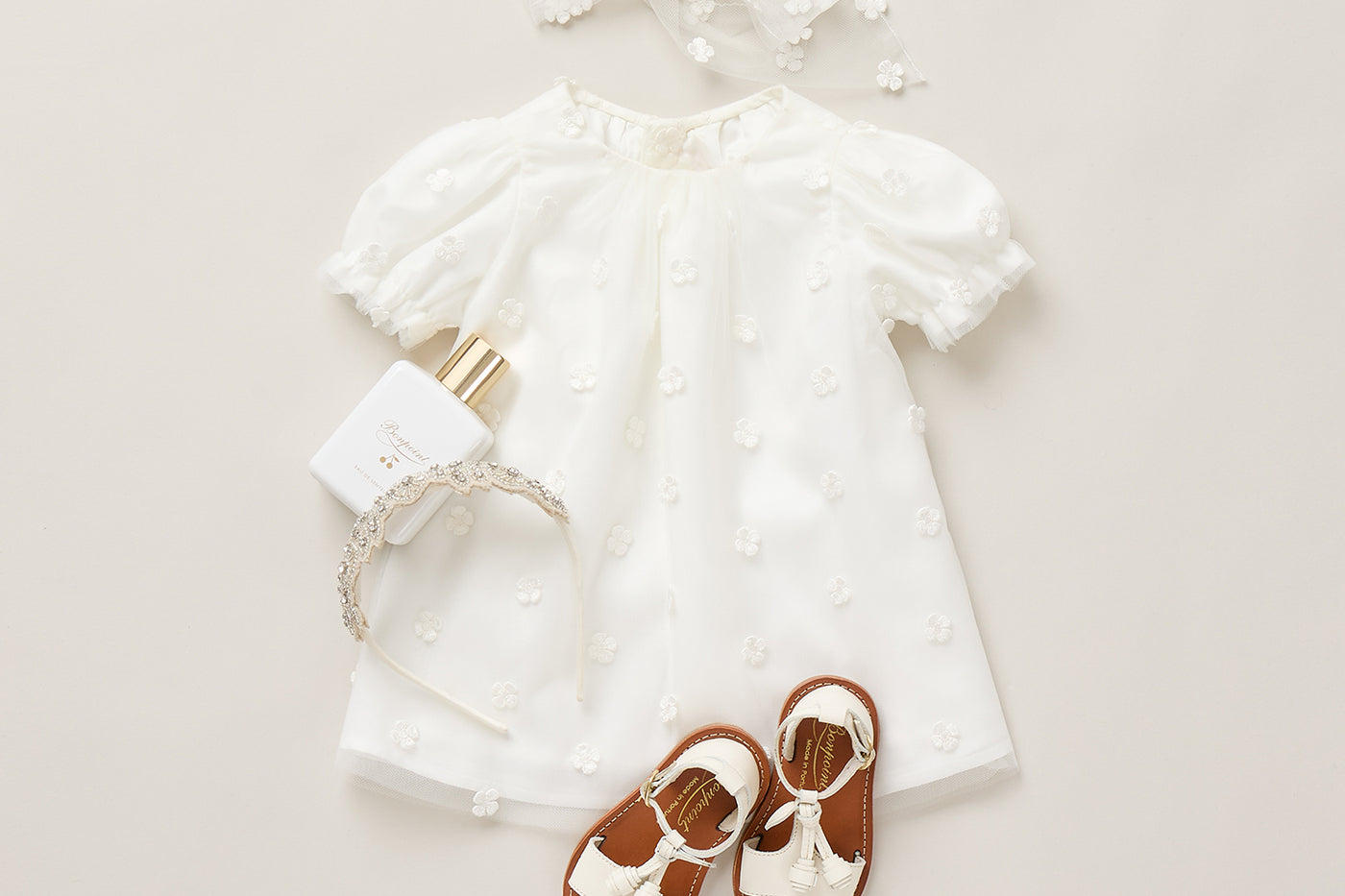 Baby Girl Summer 2026 Ceremony Look - Tulle dress adorned with embroidered flowers