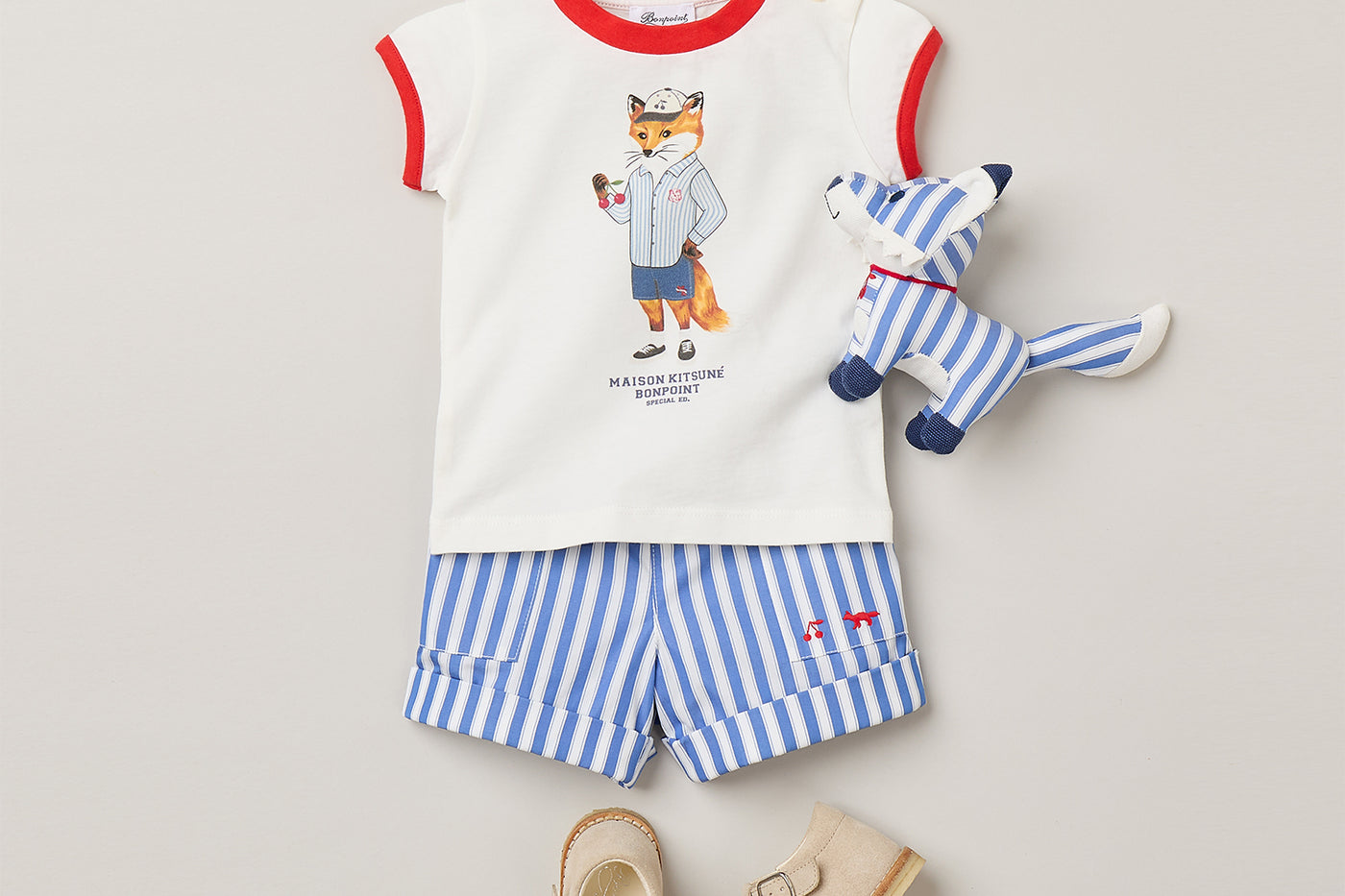 Baby Boy's Look Bonpoint x Maison Kitsuné - Printed T-shirt and striped short in organic cotton