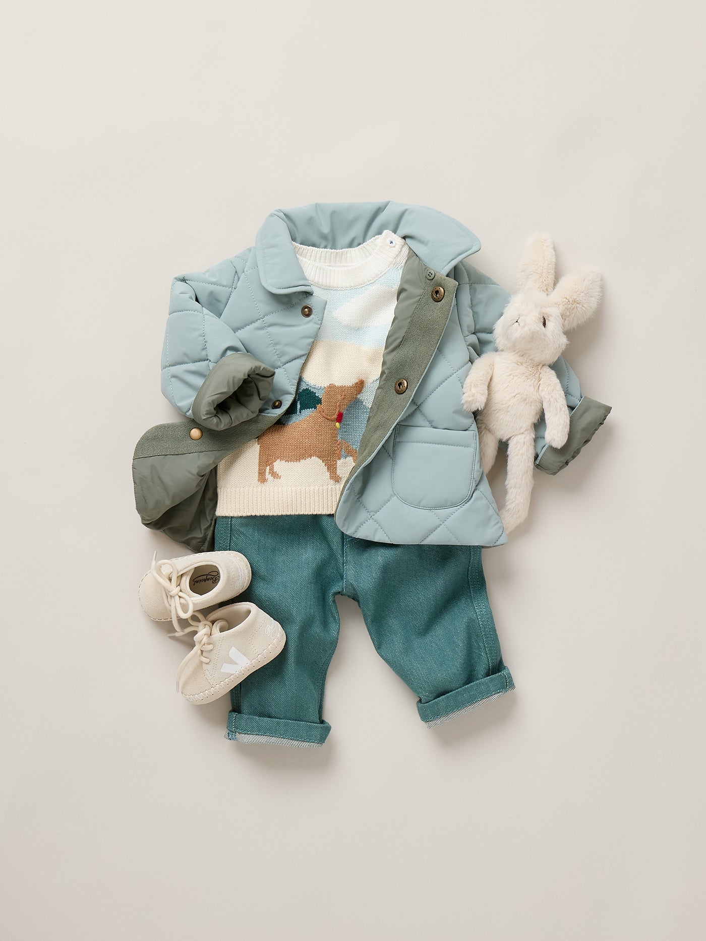 Baby Boy Summer 2026 Look - Dog-pattern sweater and quilted jacket
