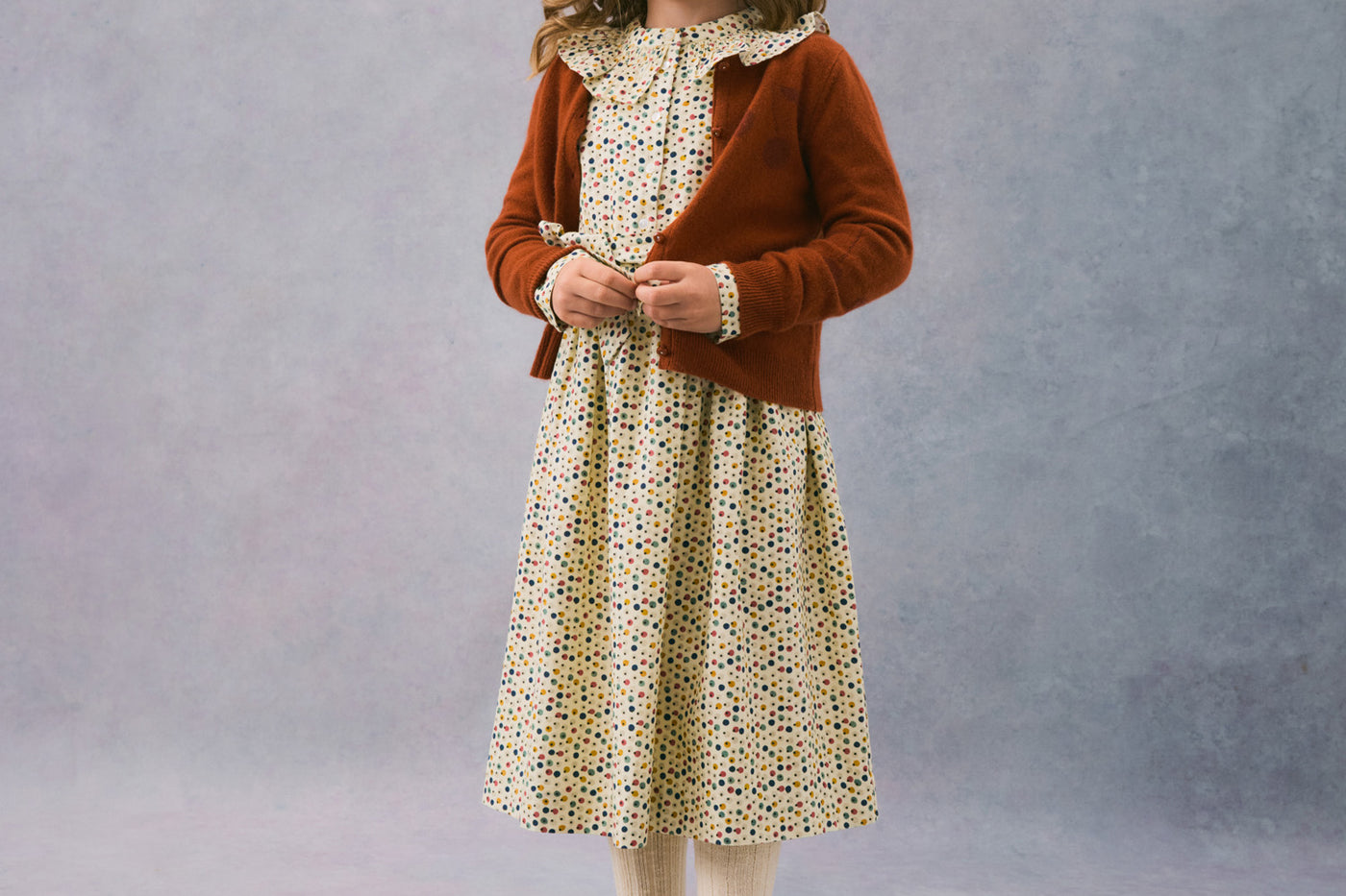 Winter 2024 girl's look green floral dress