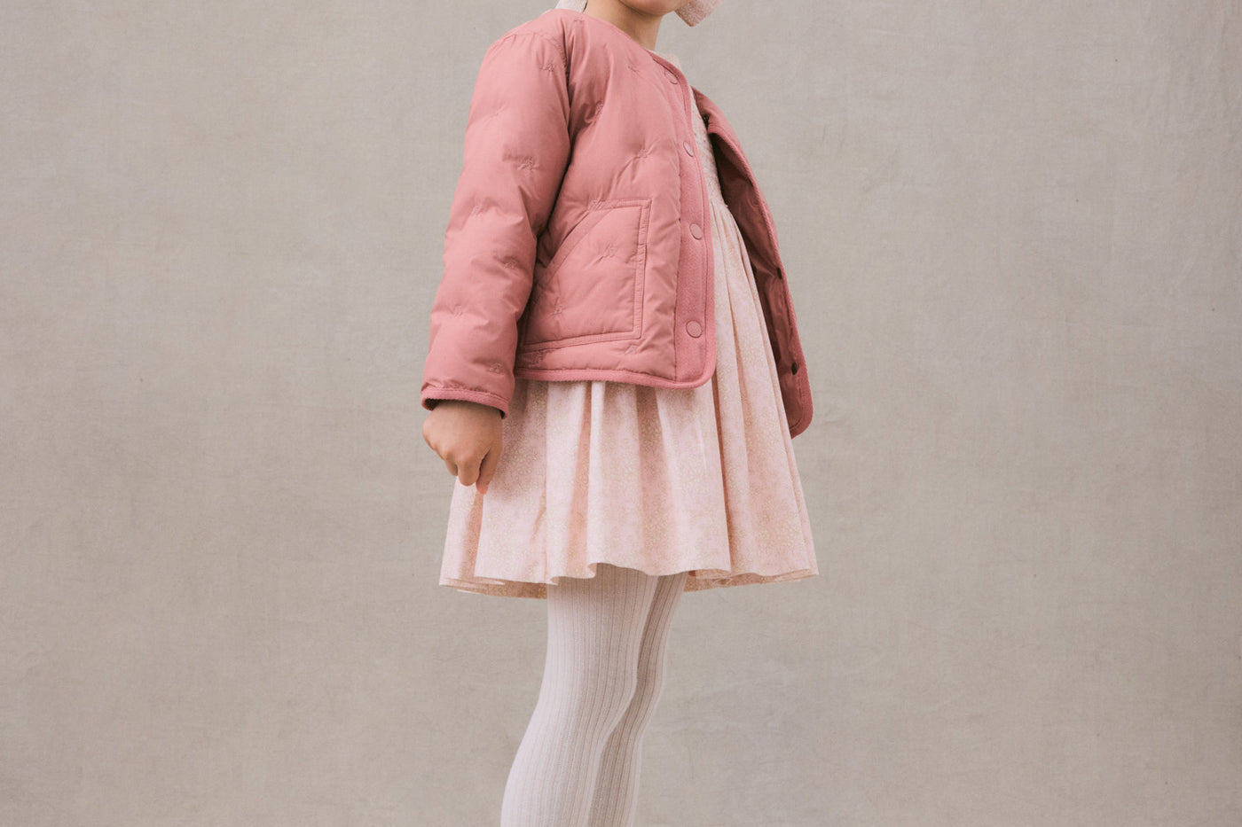 Winter girl's look pink ceremony dress