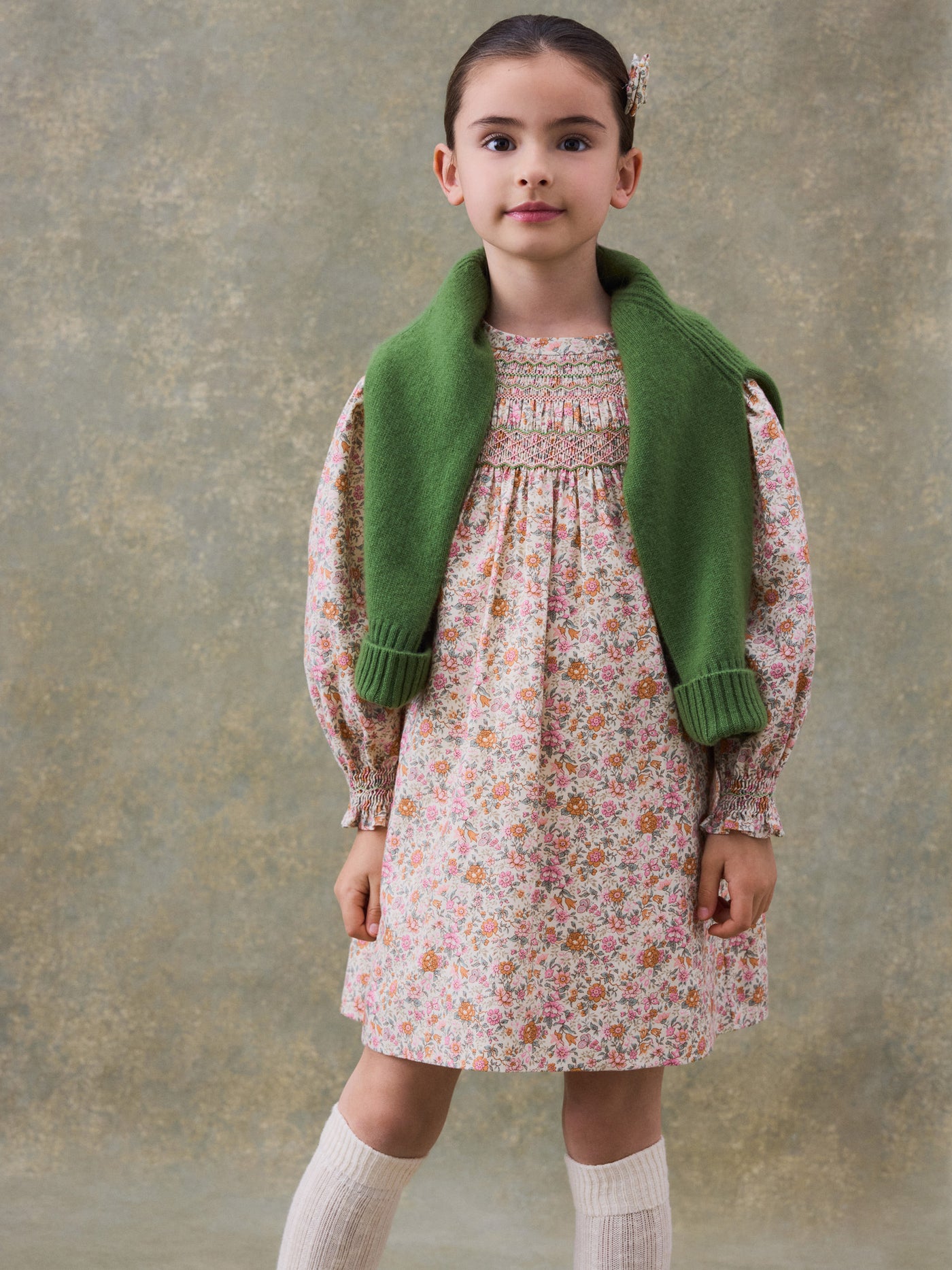 Winter 2024 girl's look smocked floral dress