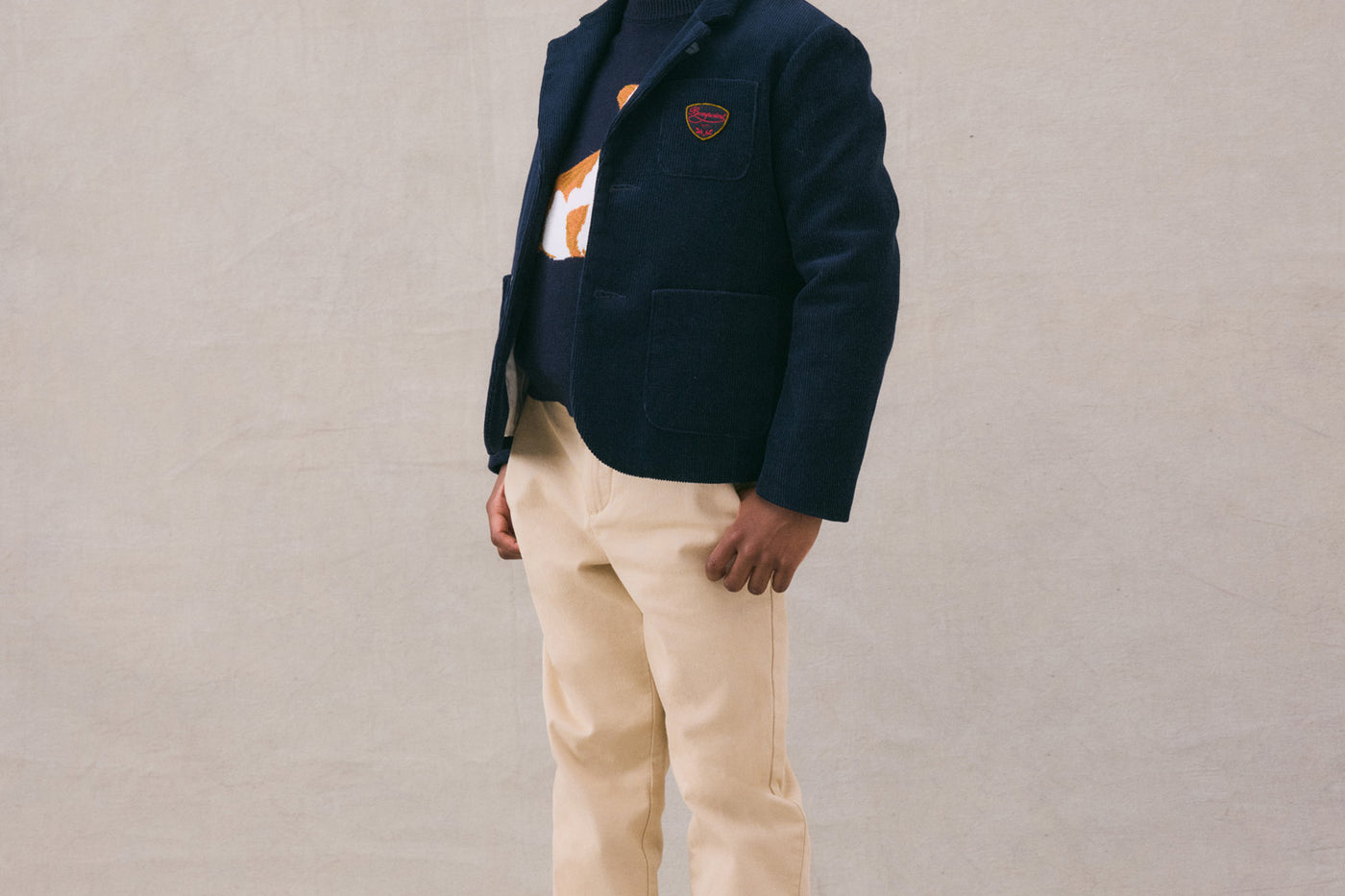Winter 2024 boy's look navy blue blazer jacket