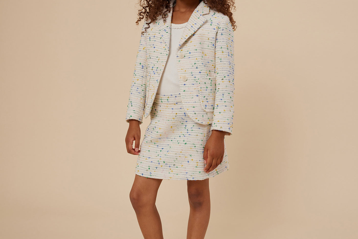 Summer 2024 girl's look multi-colored tweed jacket