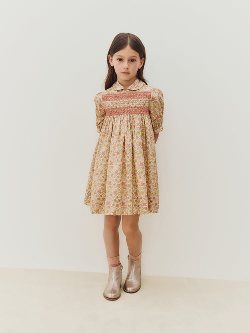 Melodia dress in Liberty fabric smocked and hand-embroidered in organic cotton