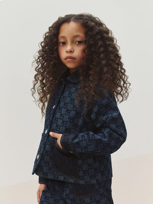 Marity quilted jacket with Peter Pan collar and cherry checkerboard print in organic cotton