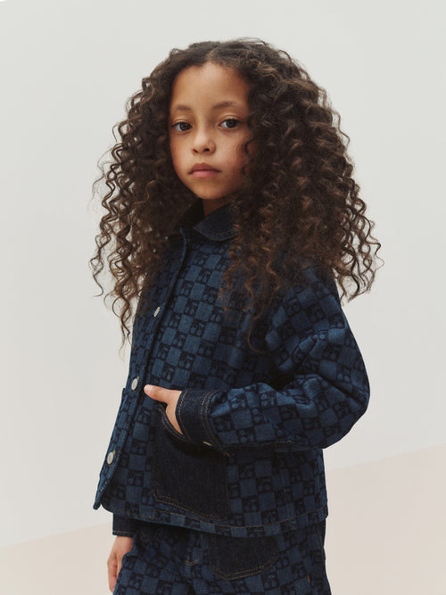 Marity quilted jacket with Peter Pan collar and cherry checkerboard print in organic cotton