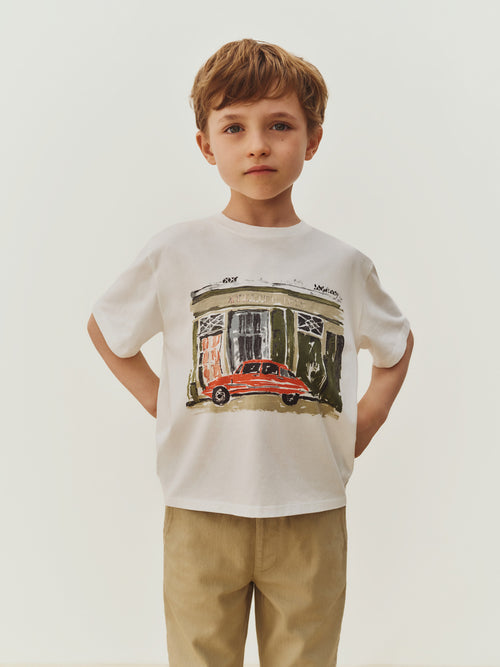 Eidan t-shirt with workshop and car print in organic cotton