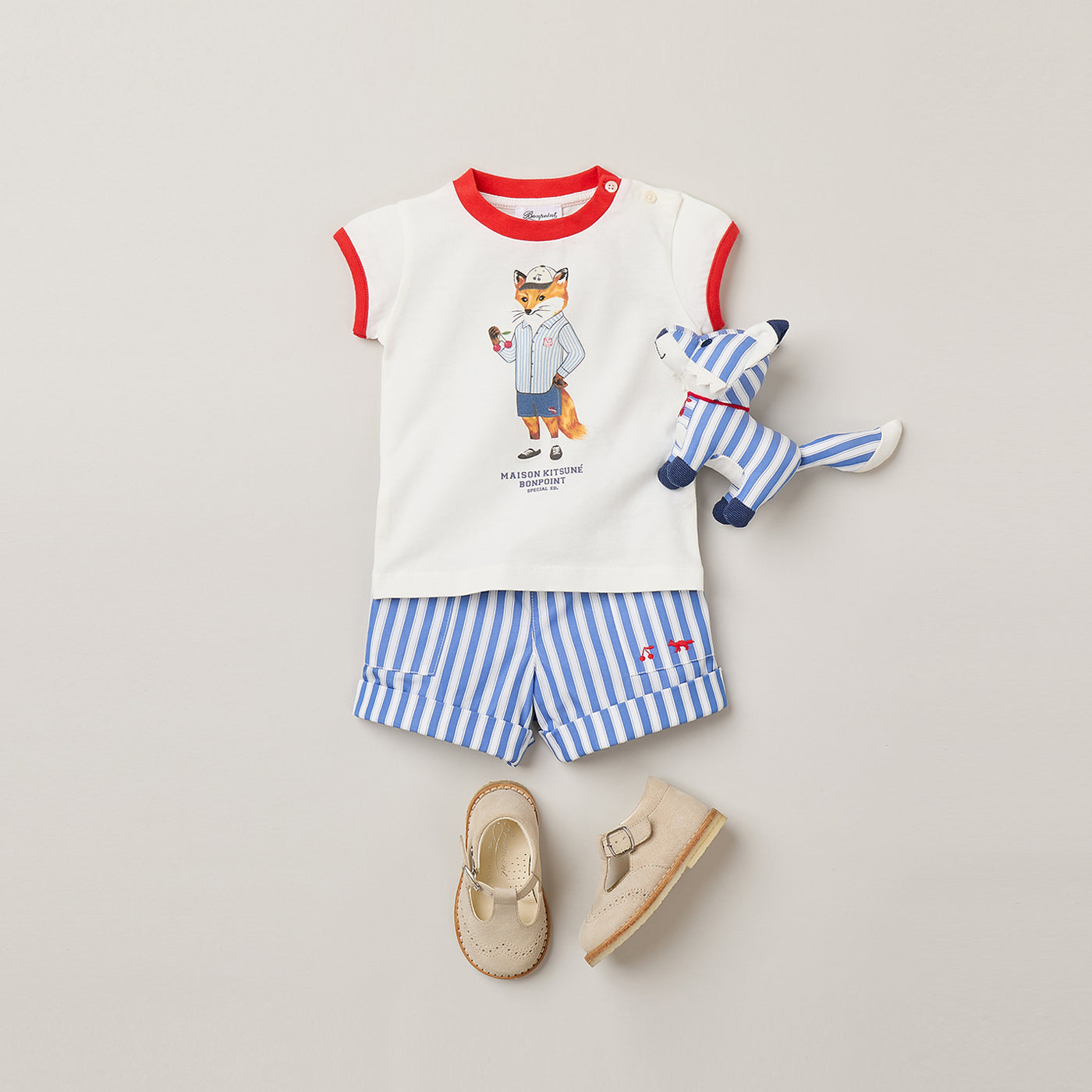 Baby Boy's Look Bonpoint x Maison Kitsuné - Printed T-shirt and striped short in organic cotton