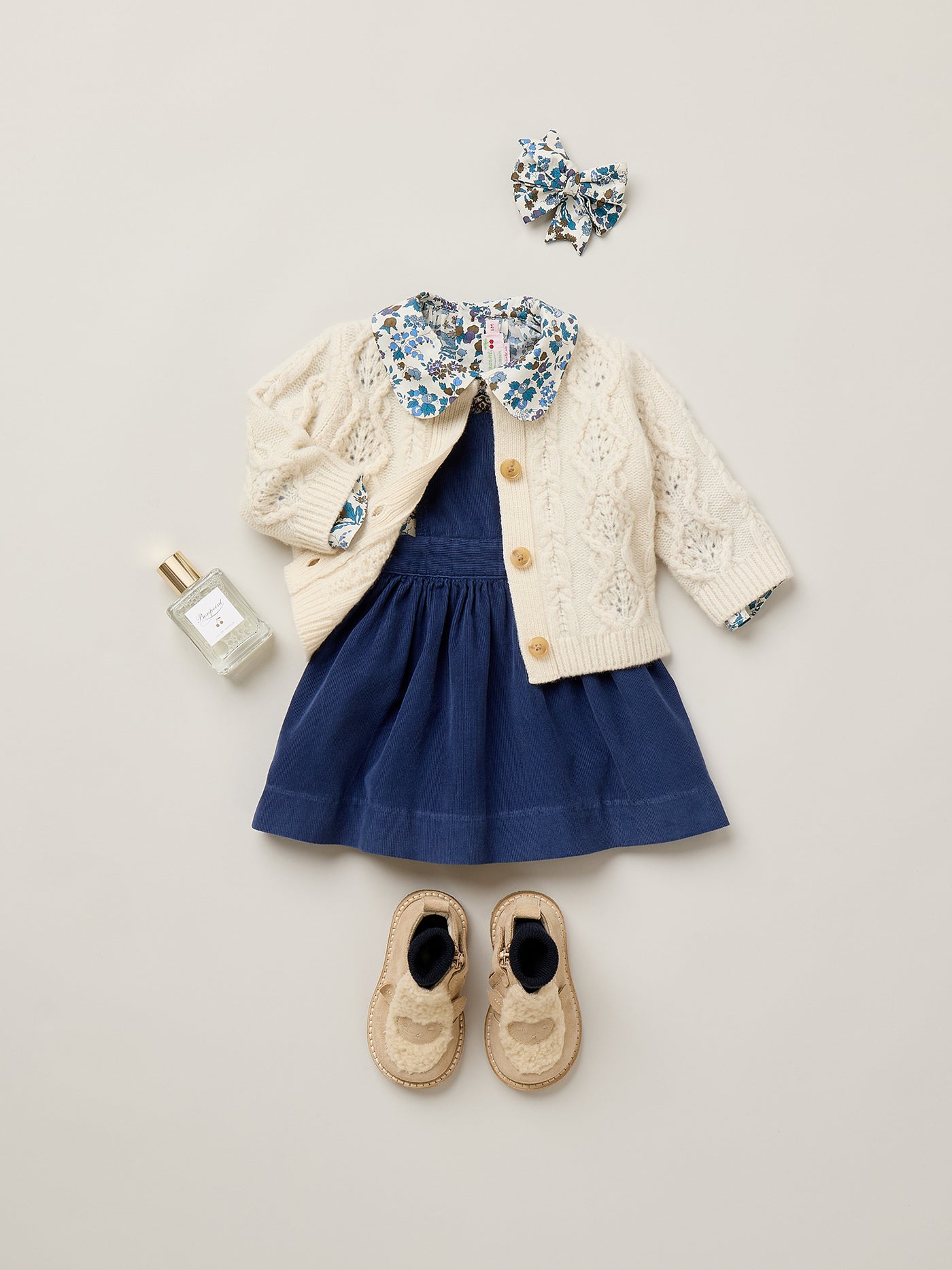 Baby Girl Winter 2026 Look - Fine-ribbed velvet dress and wool cardigan