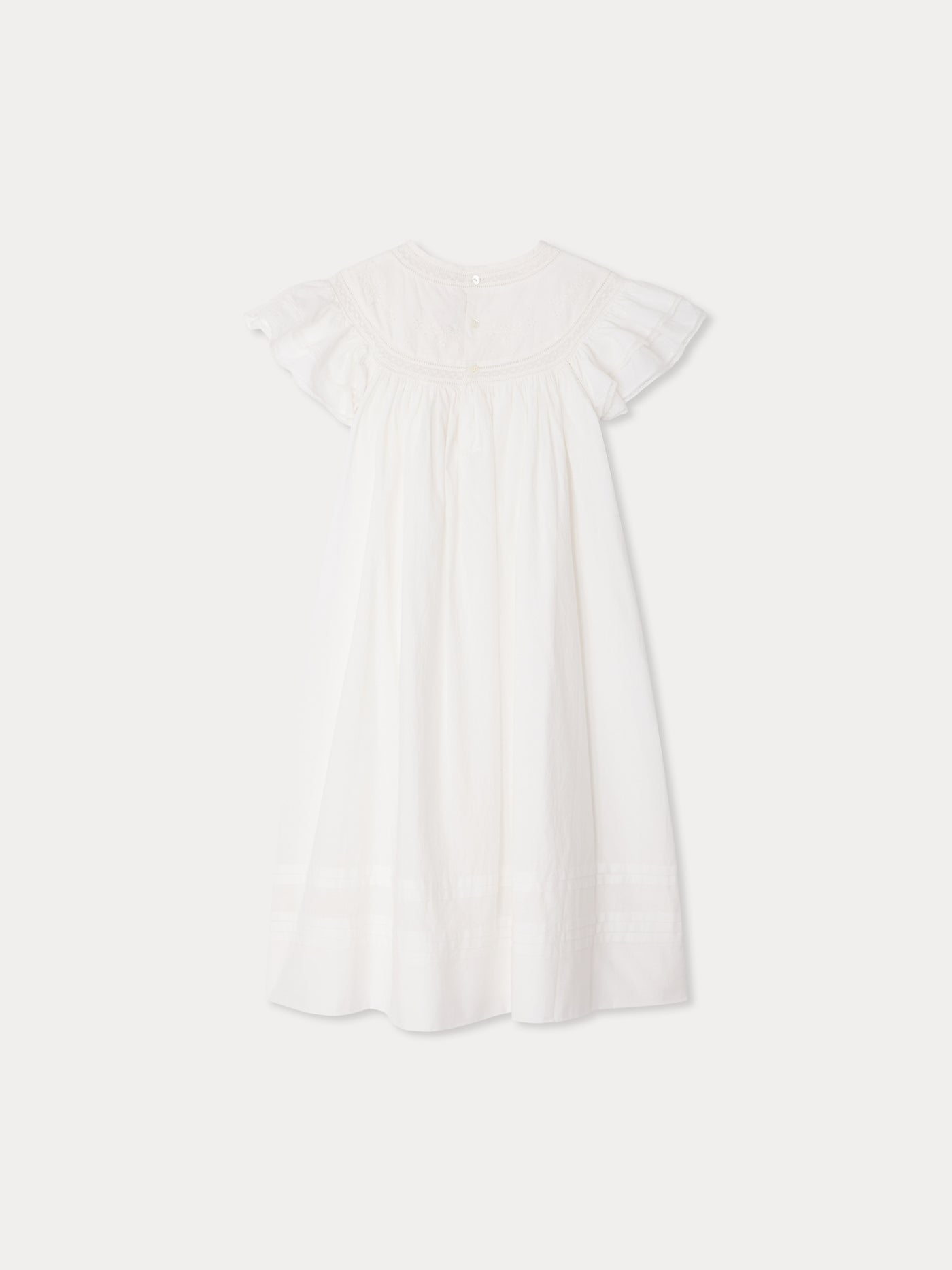 Leocardie dress hand-embroidered in organic cotton voile and Calais lace