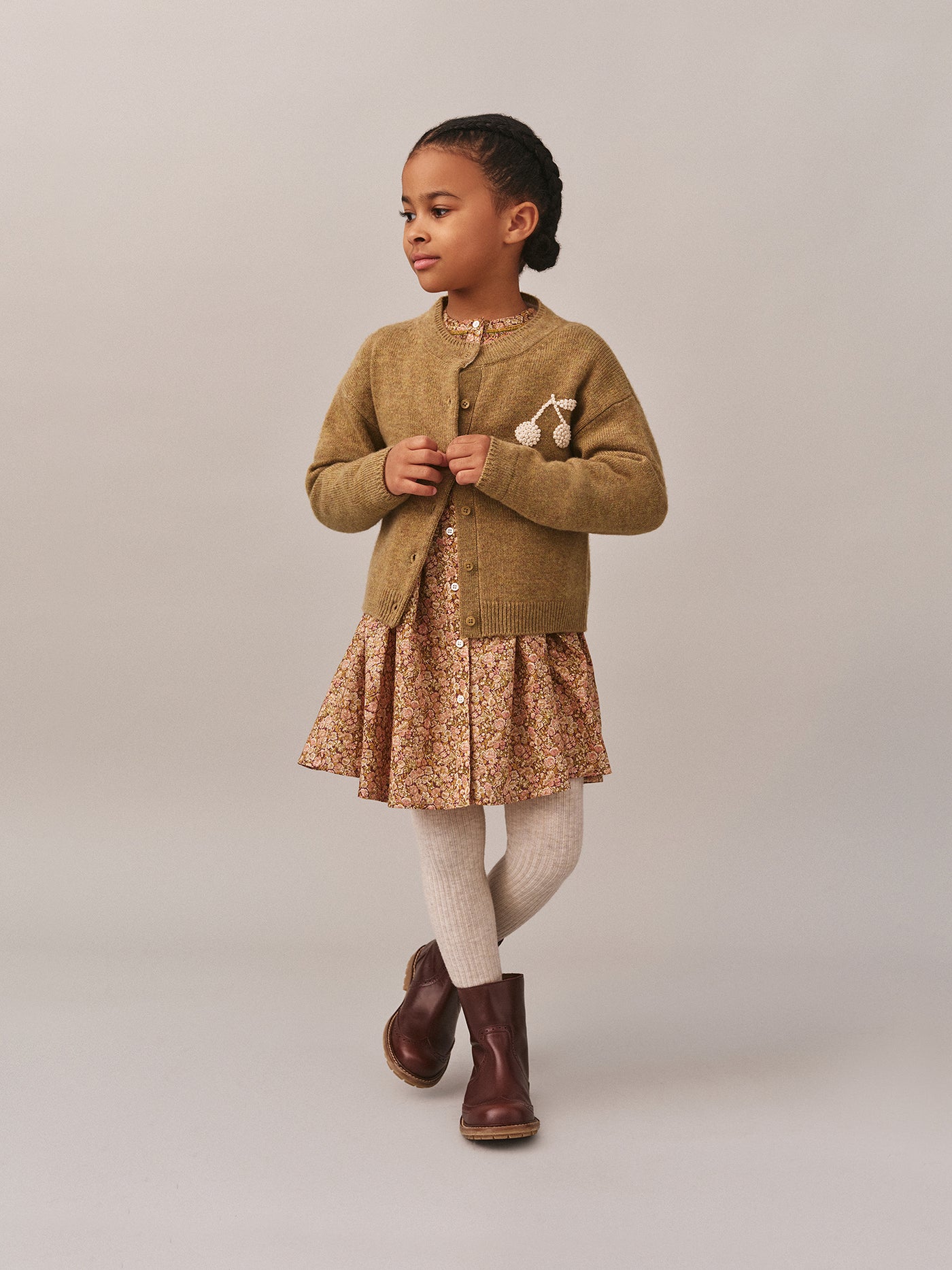 Judicael hand-embroidered cherry cardigan in bronze cashmere