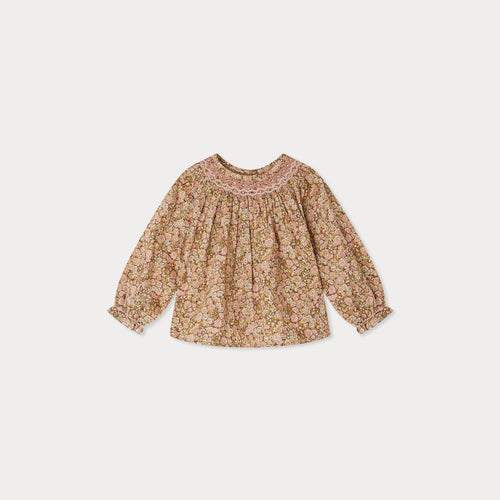 Griotte blouse smocked and embroidered in Liberty fabric in organic cotton