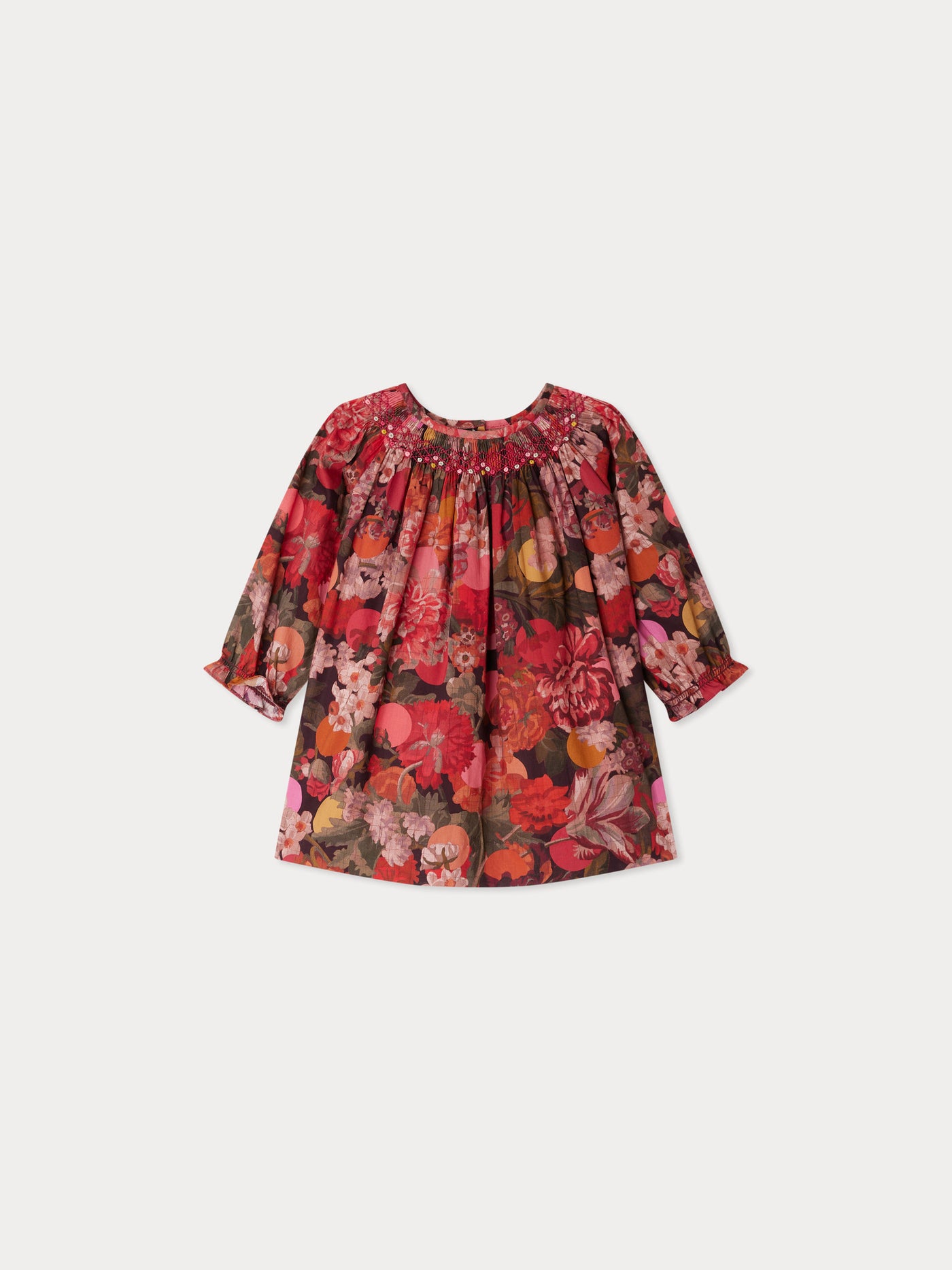 Griottine smocked and embroidered dress in Liberty fabric in organic cotton