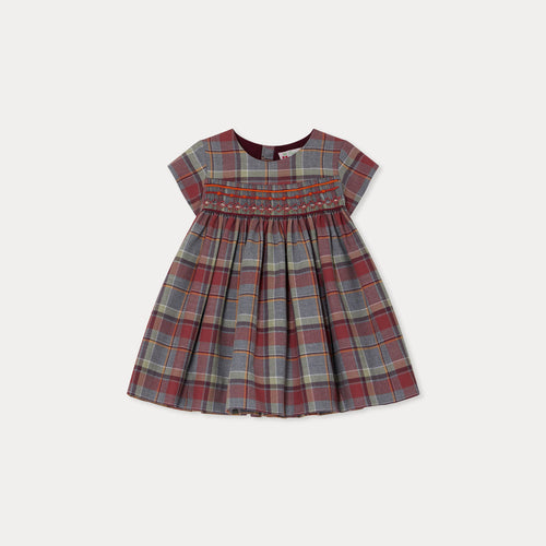 Marushka smocked and embroidered dress in burgundy checks