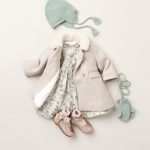 Moka wool coat with a faux fur collar