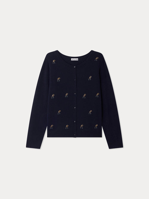 Cardigan Marisha Grown-Up navy with hand-embroidered cherries and pearls in cashmere