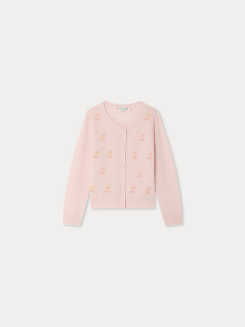 Cardigan Marisha pink with hand-embroidered cherries and pearls in cashmere