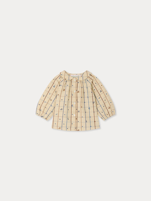 Domino baby blouse with Peter Pan collar and hand-embroidered cherries in organic cotton