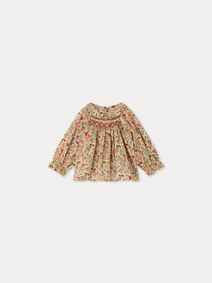 Pompom baby blouse in Liberty fabric smocked and hand-embroidered organic cotton