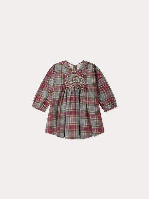 Mauve baby dress checked with Peter Pan collar smocking and hand embroidery