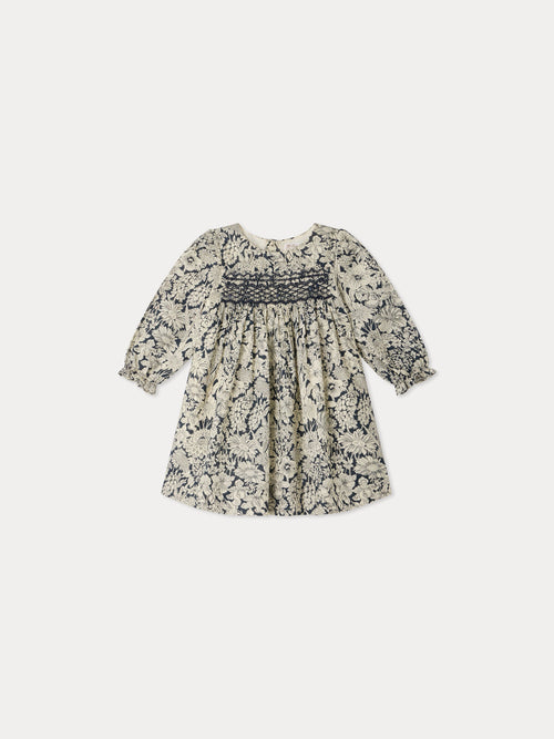 Jailys baby dress in Liberty fabric with smocking and hand embroidery in organic cotton