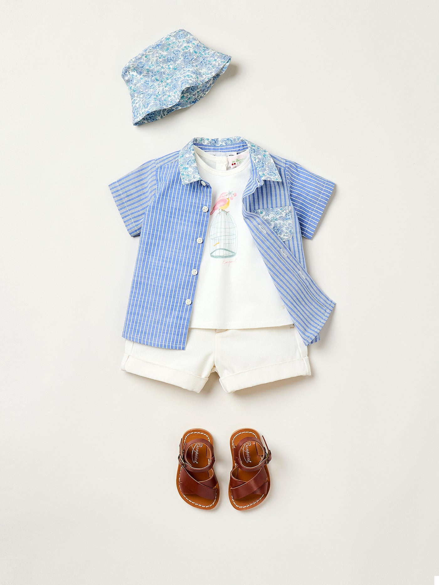Summer 2025 Baby girl's look - Patchwork shirt and floral bob