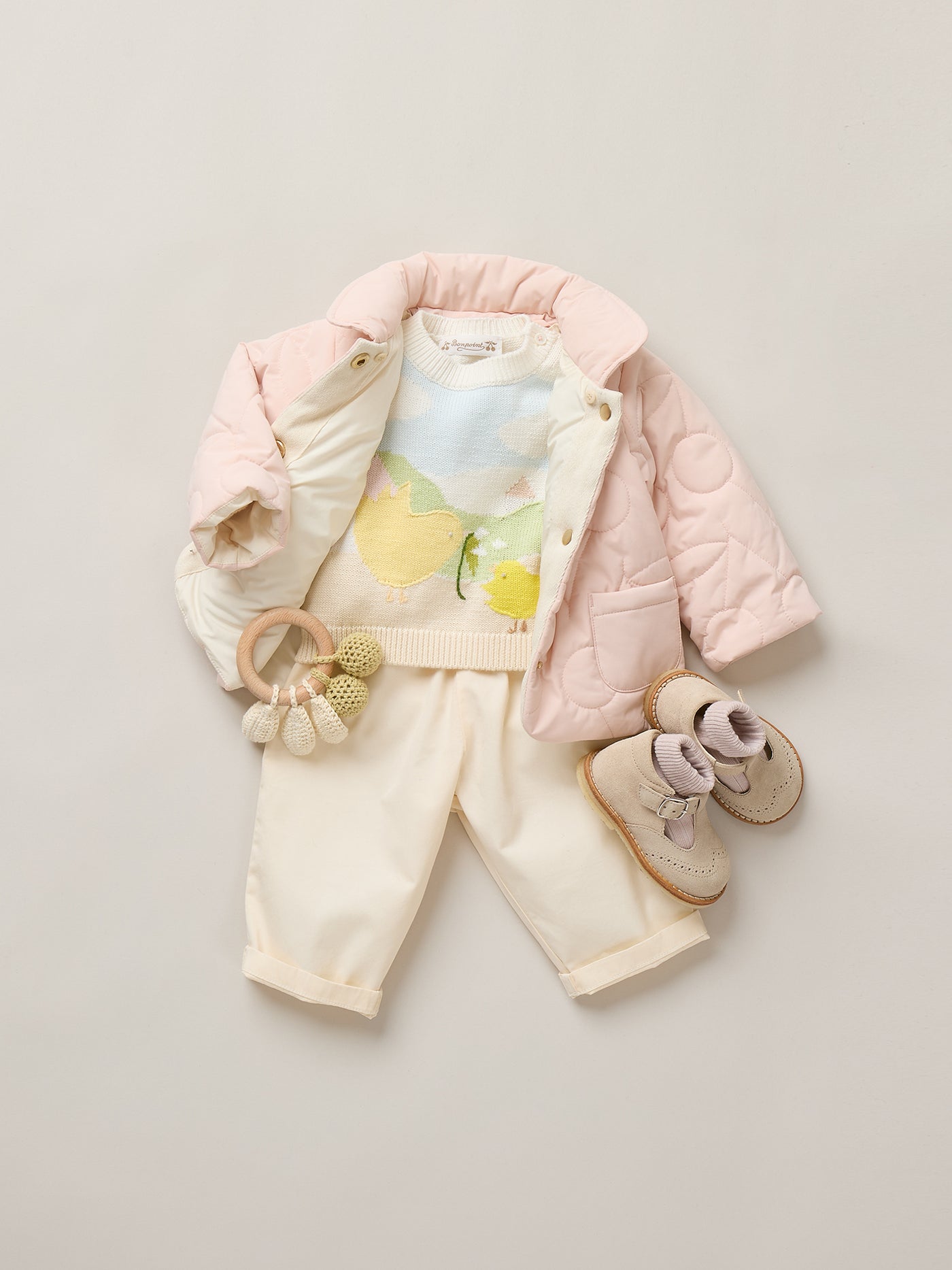 Baby girl summer 2026 look - Chick-patterned sweater and quilted puffer jacket