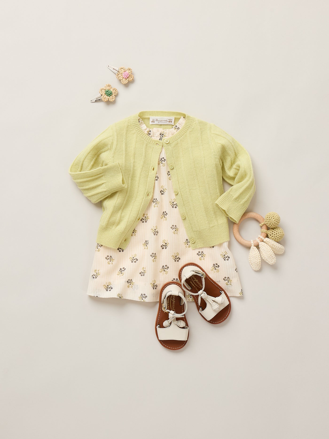 Baby girl summer 2026 look - Dress with ruffled sleeves and cashmere cardigan