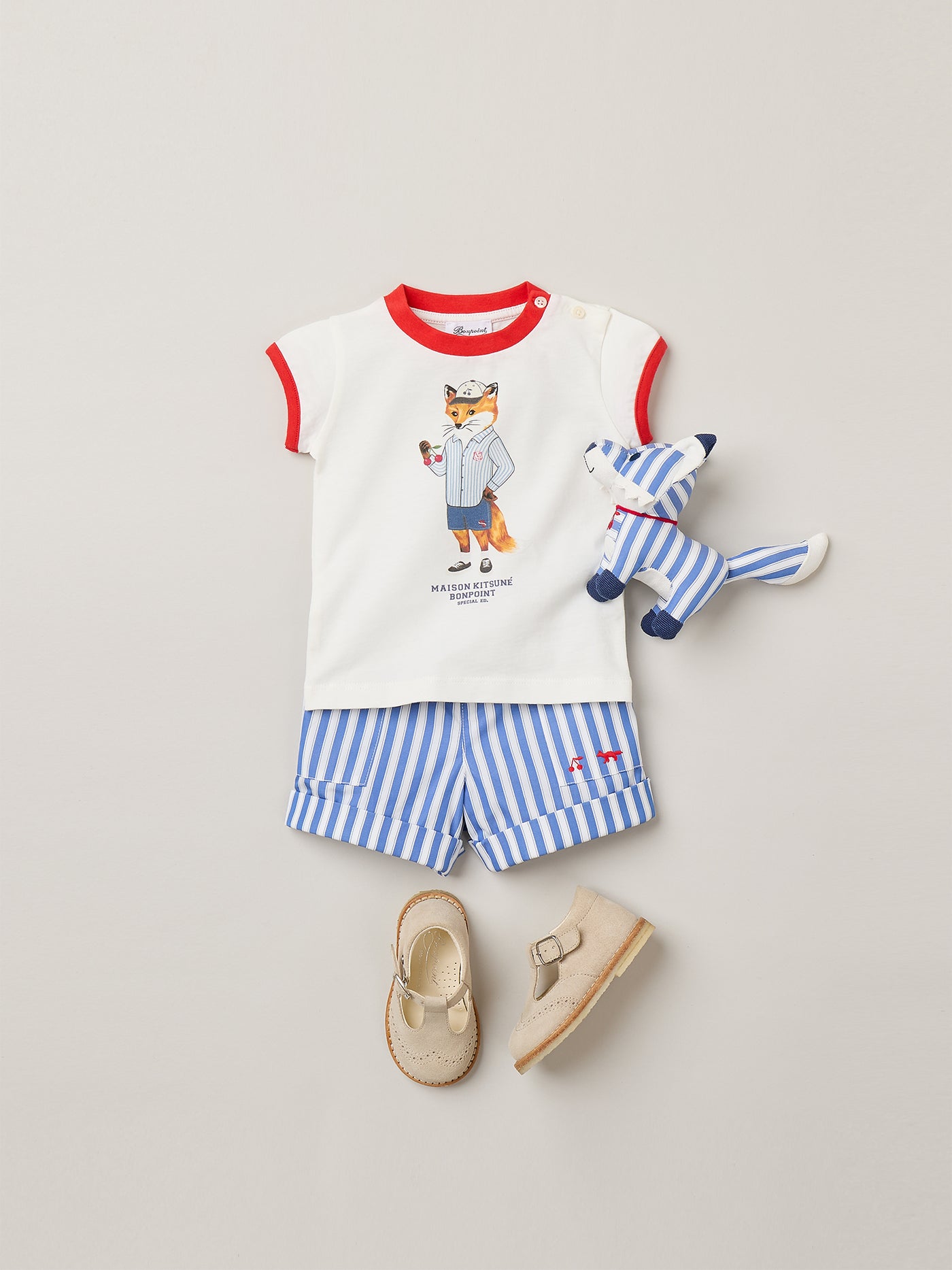 Baby Boy's Look Bonpoint x Maison Kitsuné - Printed T-shirt and striped short in organic cotton