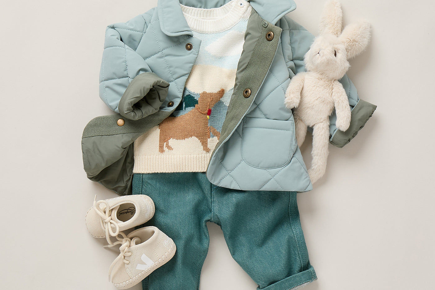 Baby Boy Summer 2026 Look - Dog-pattern sweater and quilted jacket