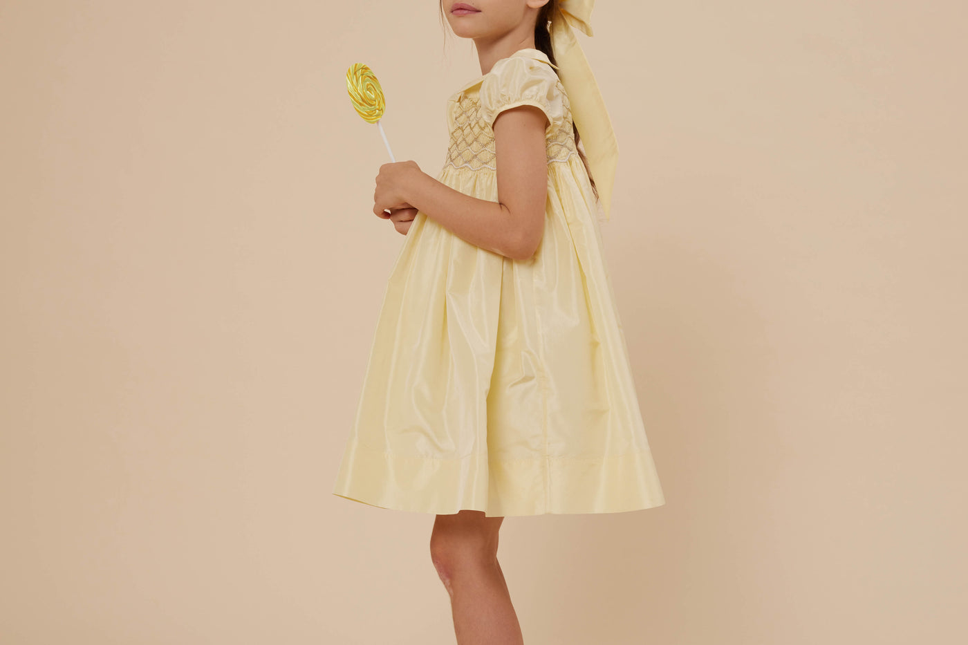 Summer 2024 girl's look yellow silk taffeta dress