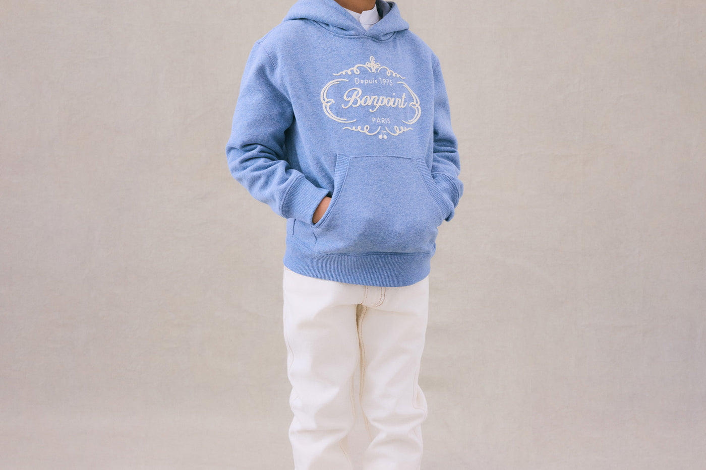 Winter 2024 boy's look blue hooded sweatshirt