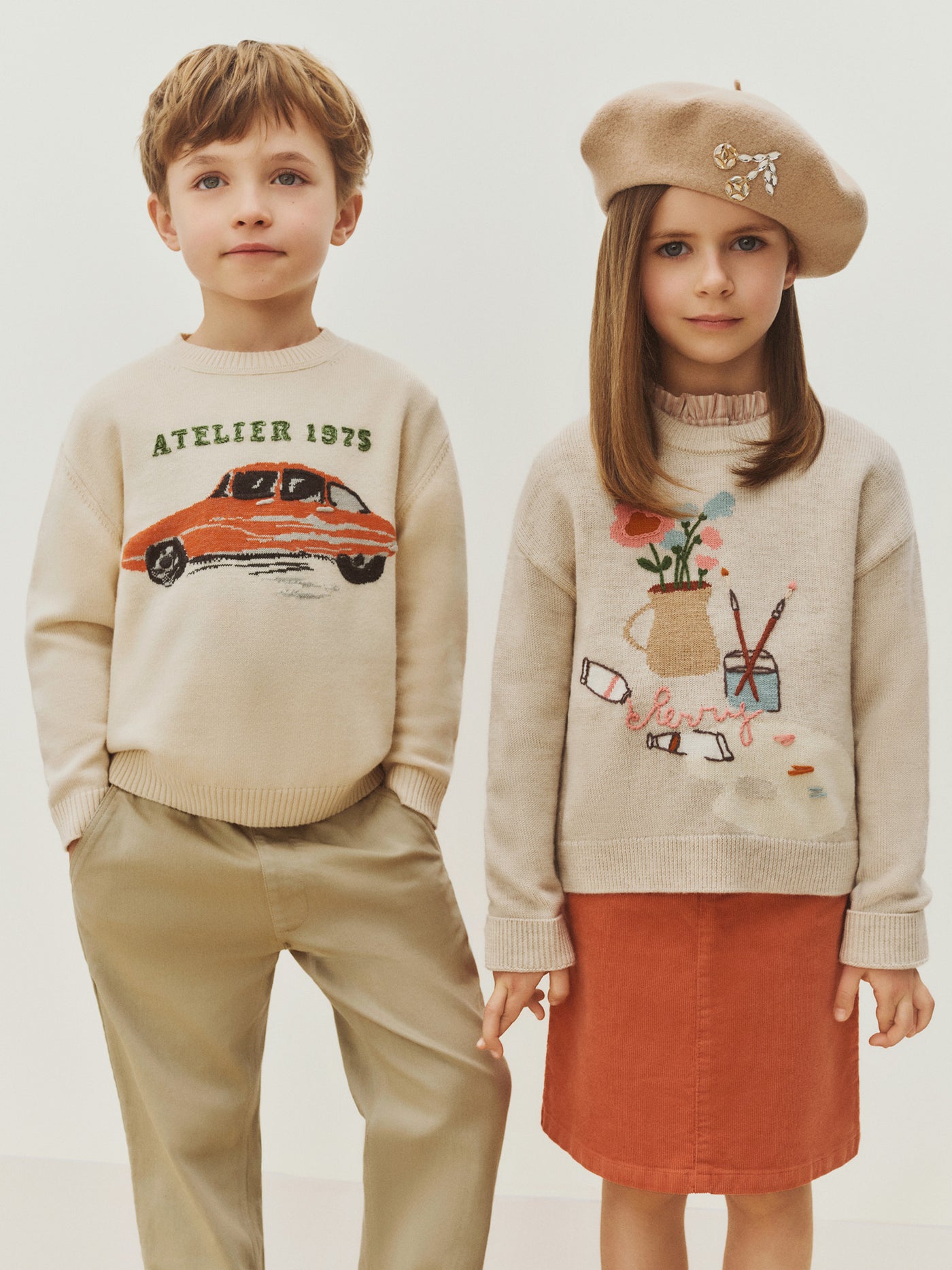 Tahini sweater with hand embroidered painter's workshop