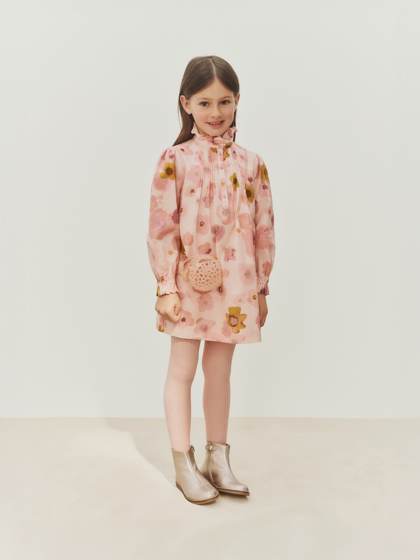 Girls’ Winter 2026 Look - Pink floral cotton twill dress