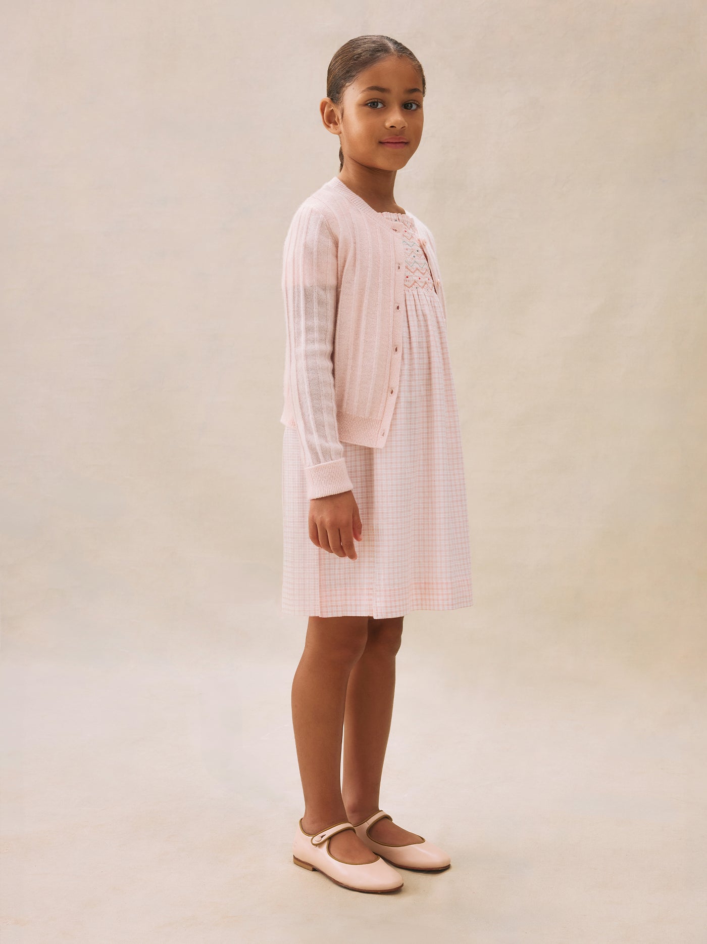 Paysanne dress in smocked and embroidered checks