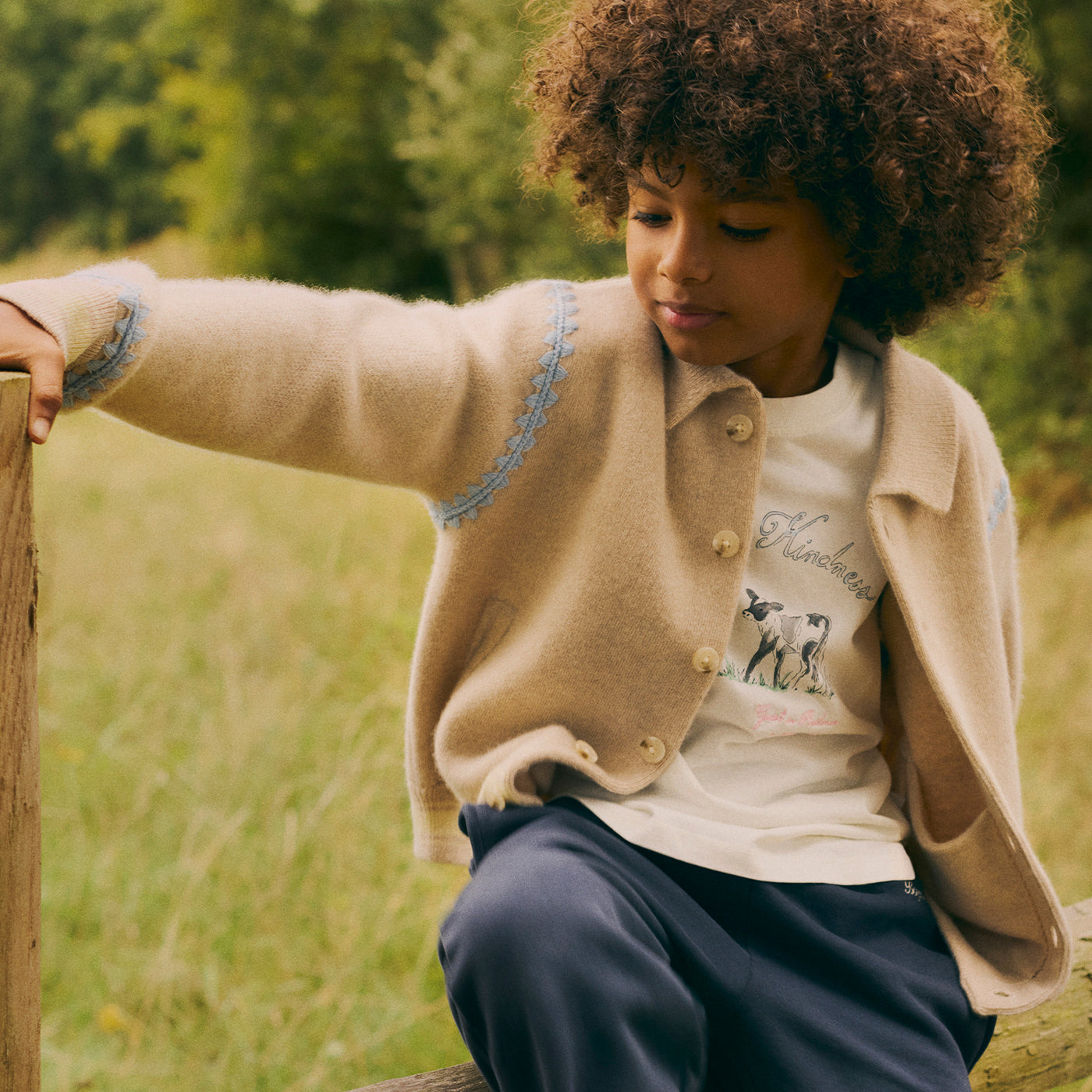 Bonpoint x Guest in Residence Liberté mixed cardigan with contrasting embroidery in sand cashmere