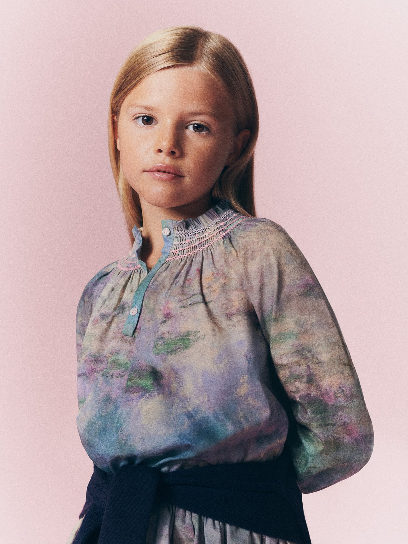 Bonpoint x MoMA Pétale blouse smocked and hand-embroidered in organic cotton