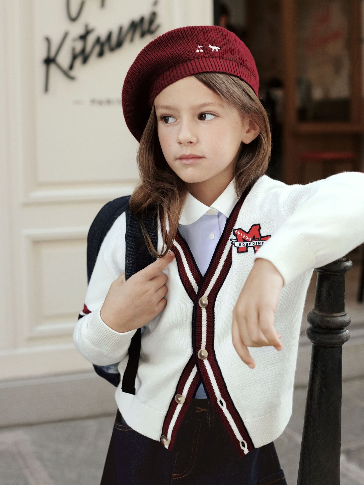 Bonpoint x Maison Kitsuné Mikaila beret with fox and cherry embroidery
