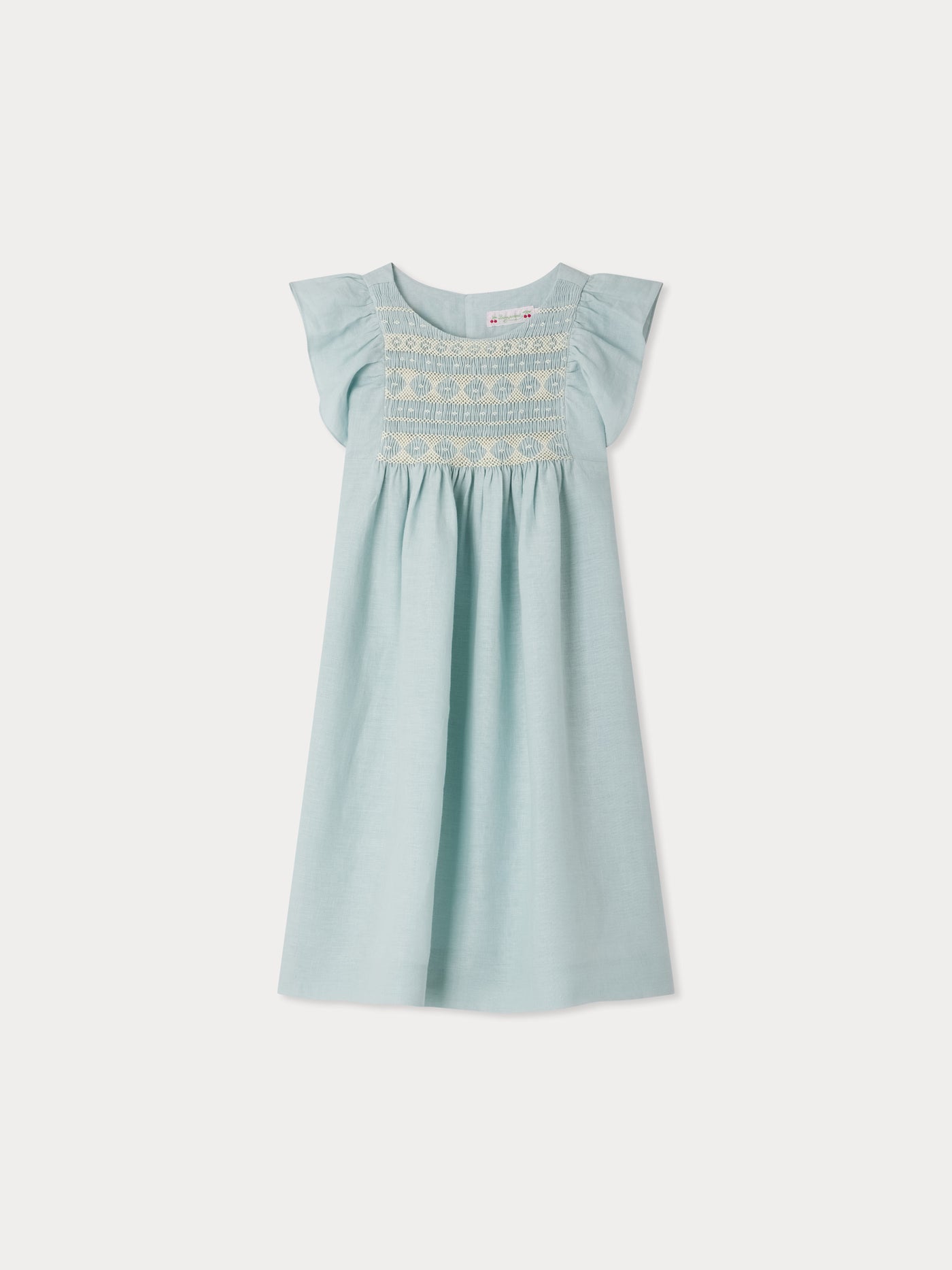 Emerald smocked and embroidered linen dress