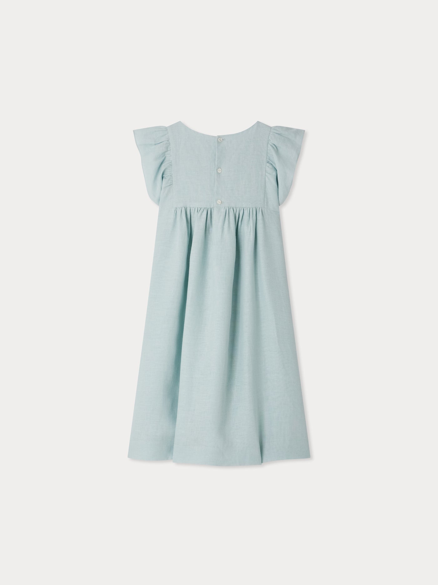 Emerald smocked and embroidered linen dress