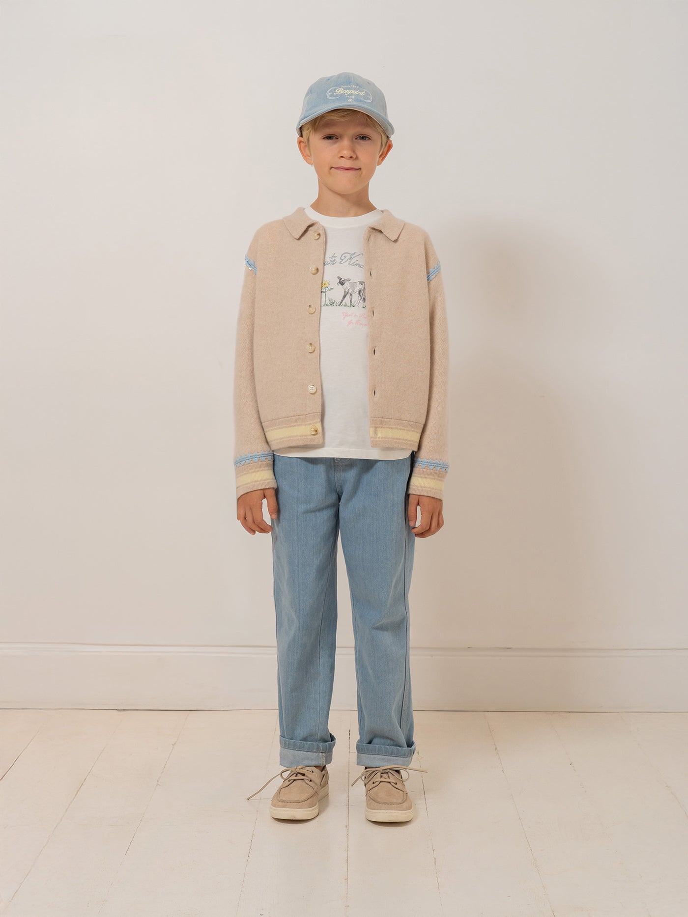 Bonpoint x Guest in Residence Liberté mixed cardigan with contrasting embroidery in sand cashmere