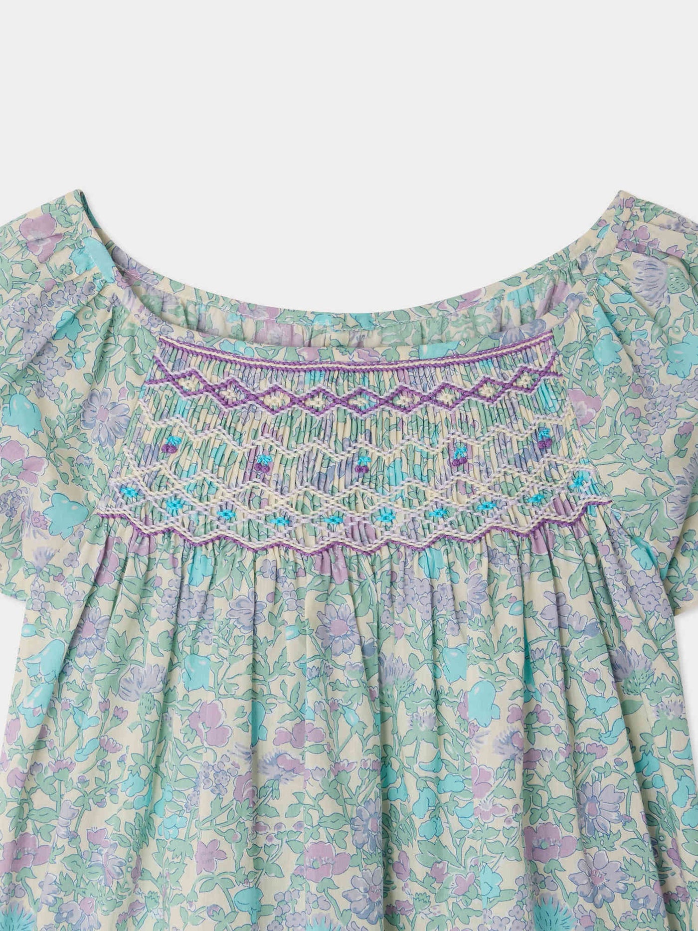 Grenade blouse smocked and embroidered in Liberty fabric in organic cotton