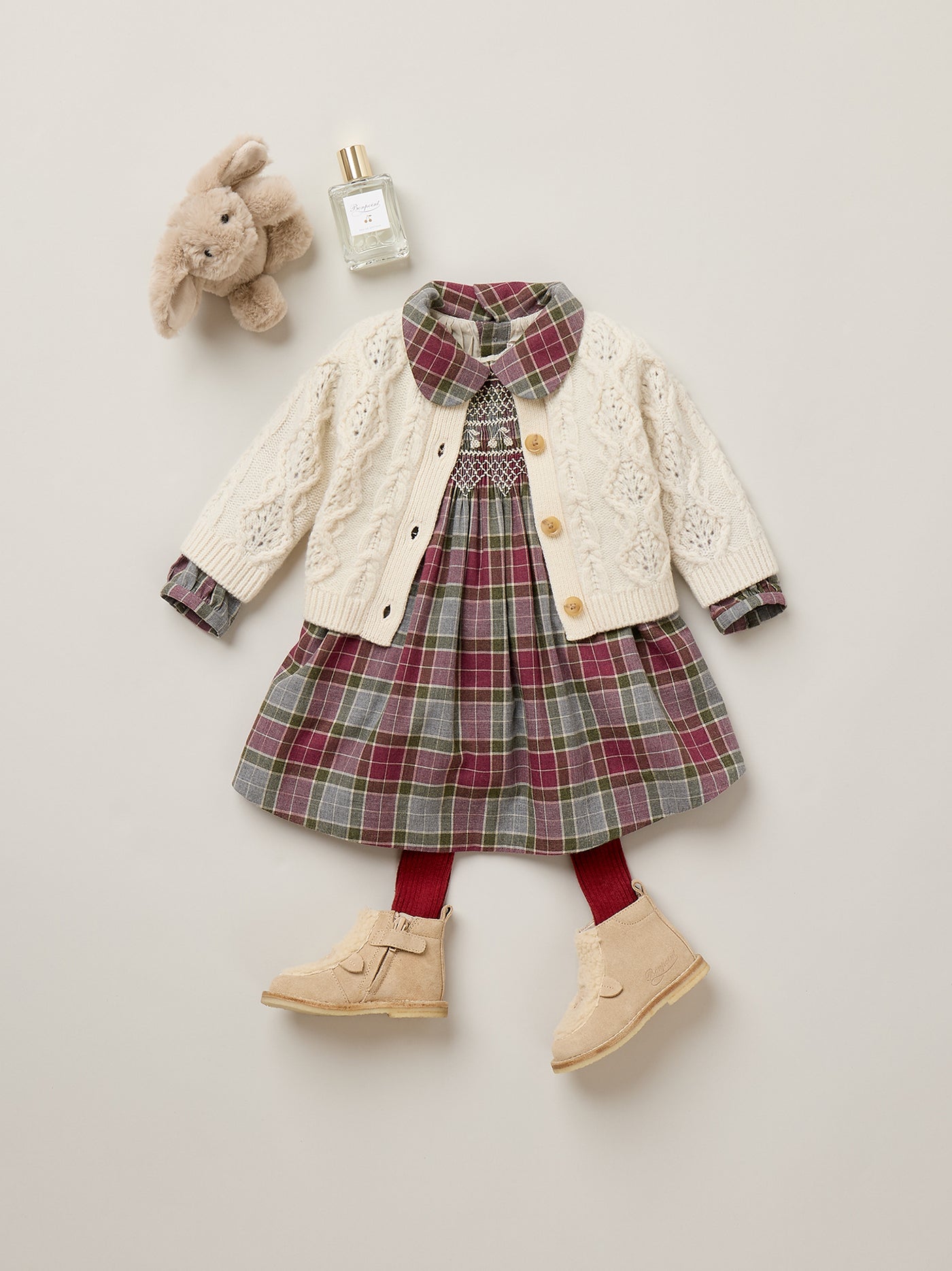 Mauve baby dress checked with Peter Pan collar smocking and hand embroidery