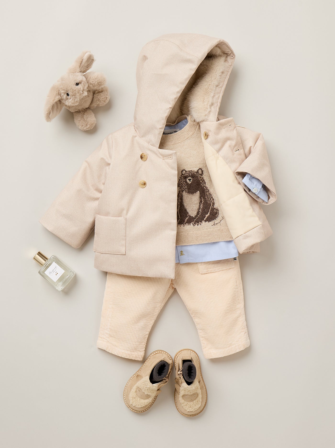Baby Boy Winter 2026 Look - Intarsia-pattern cashmere sweater and beige coat