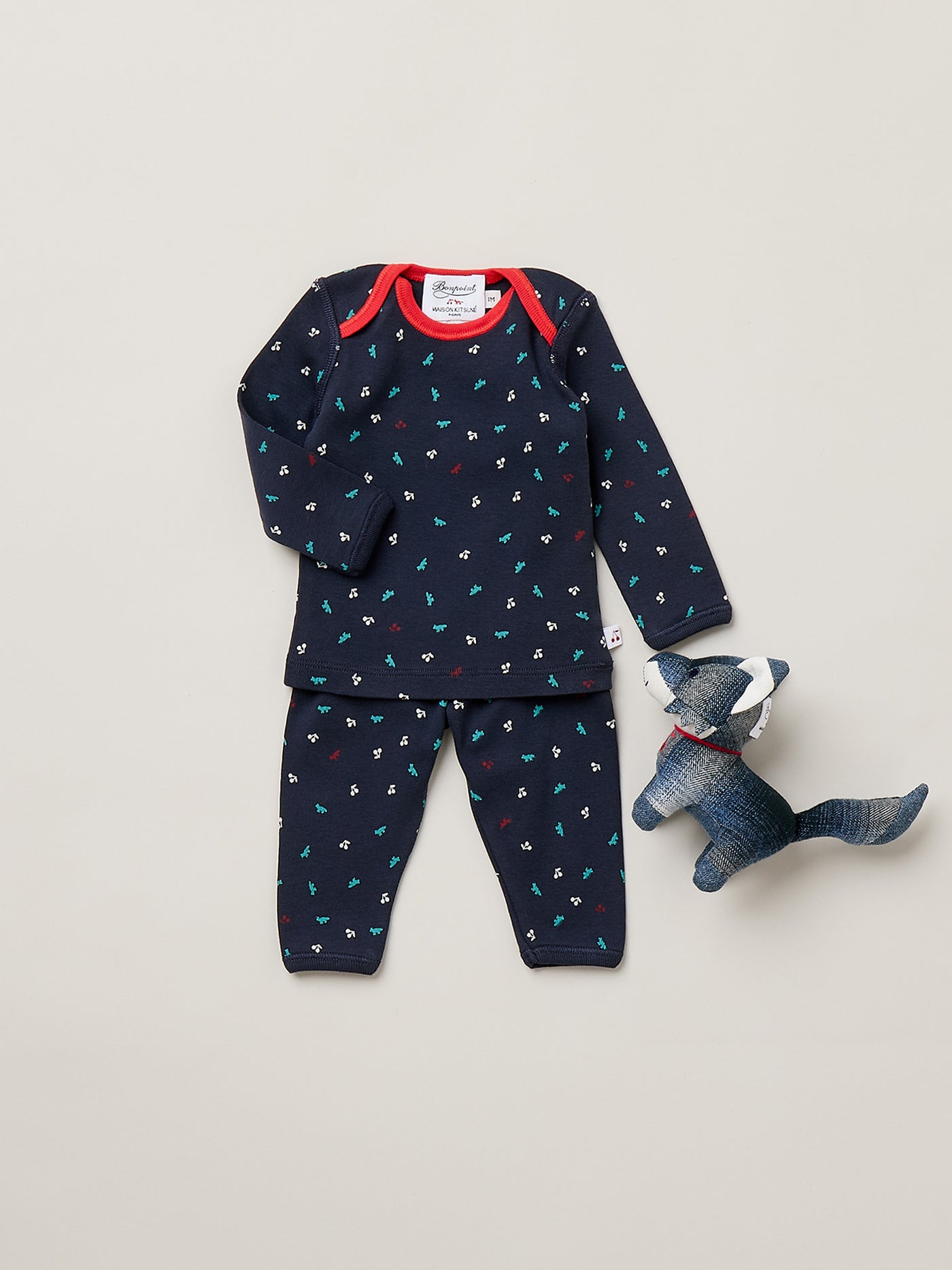 Bonpoint x Maison Kitsuné Timi set with cherry and fox print in organic cotton