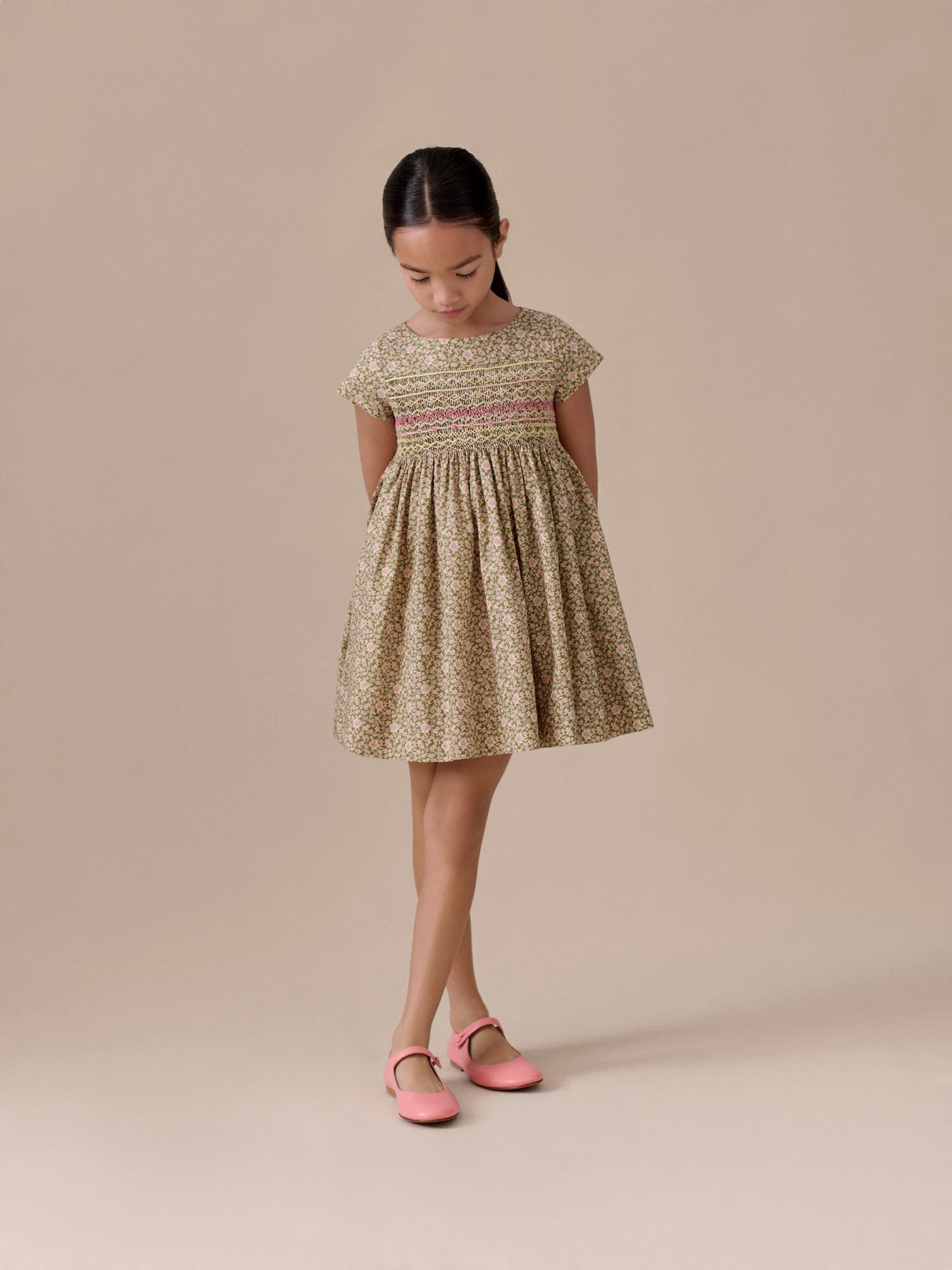Duchesse dress smocked and hand-embroidered in Liberty organic cotton fabric