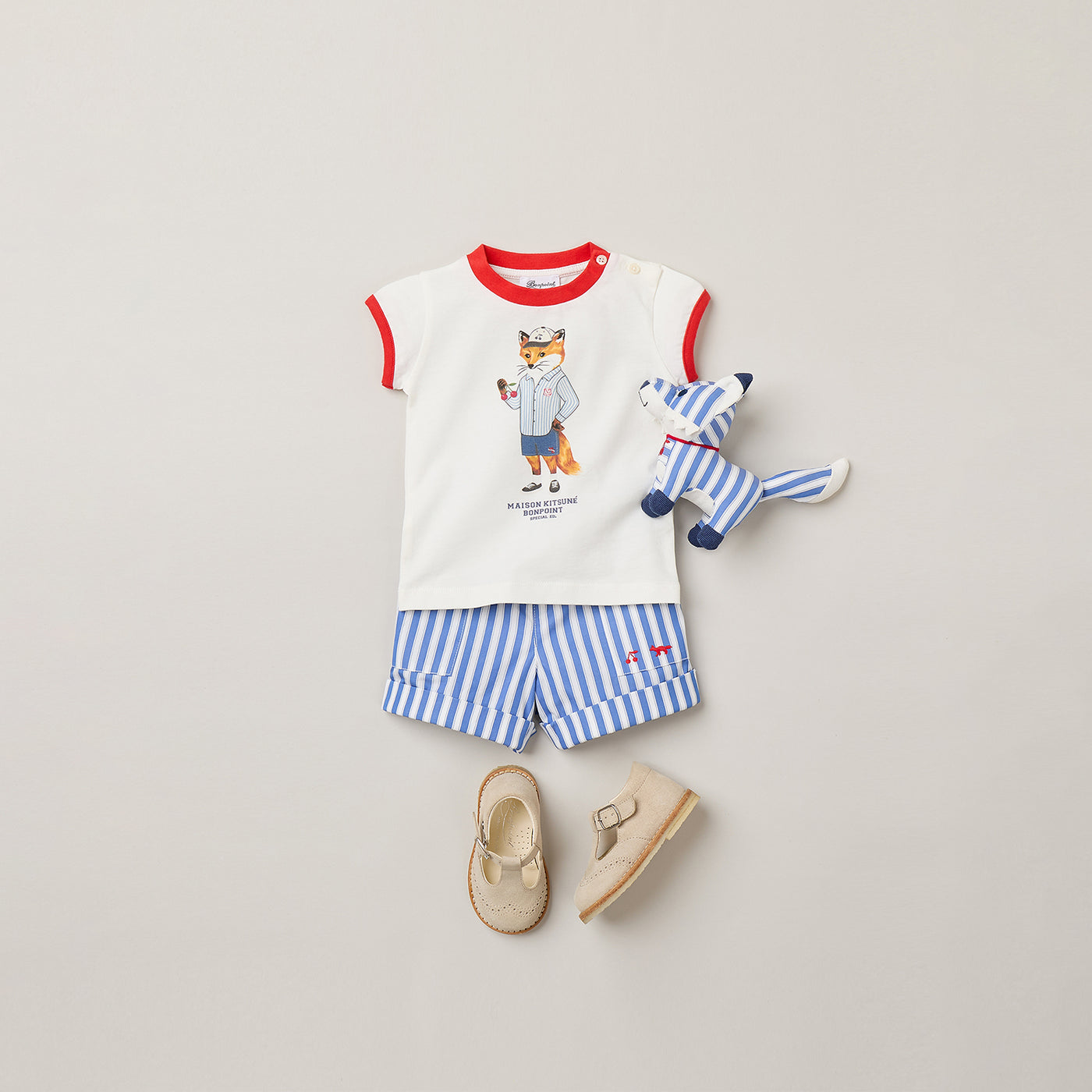 Baby Boy's Look Bonpoint x Maison Kitsuné - Printed T-shirt and striped short in organic cotton