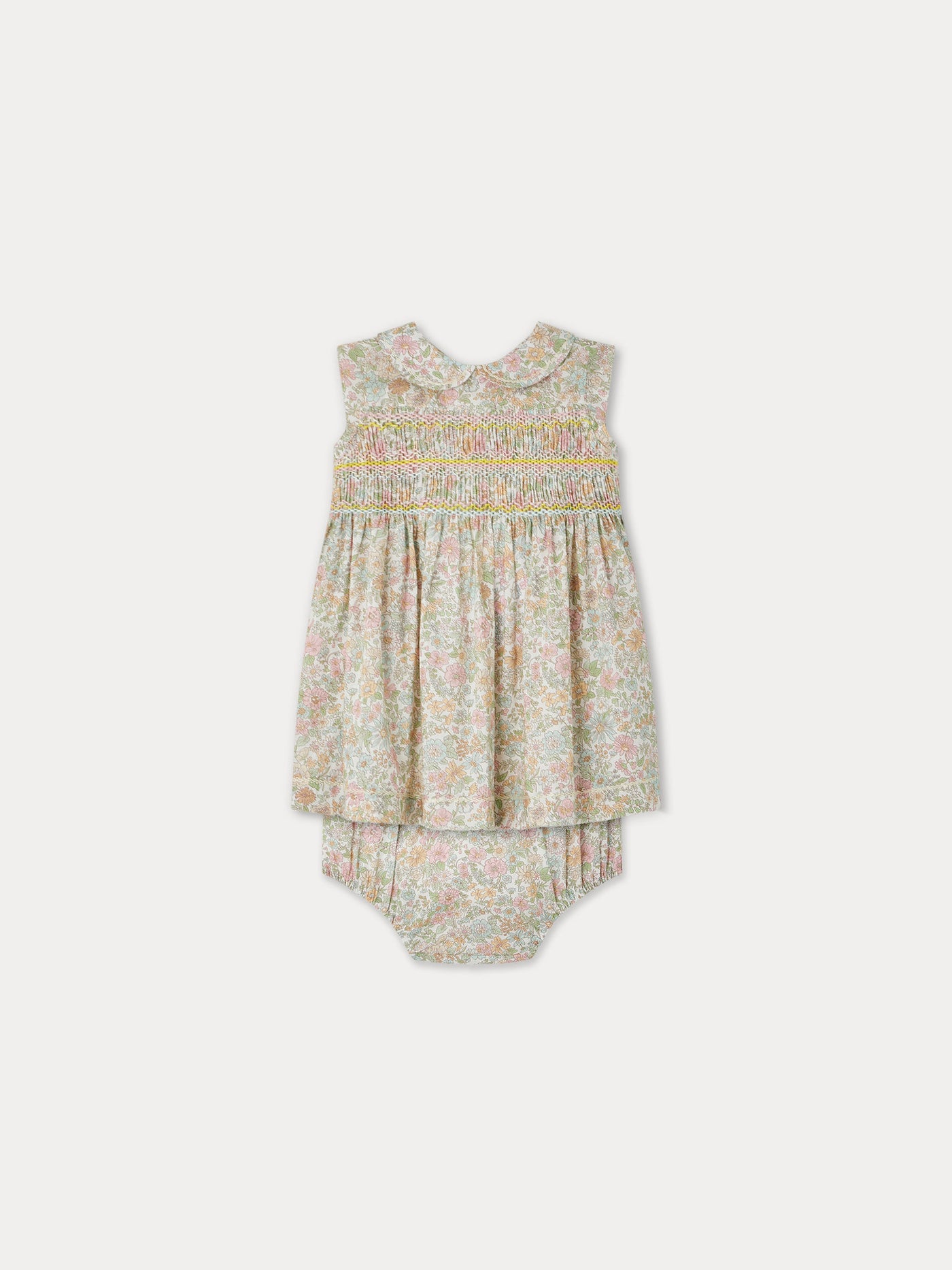 Eleanore smocked dress made with Liberty fabrics with bloomer